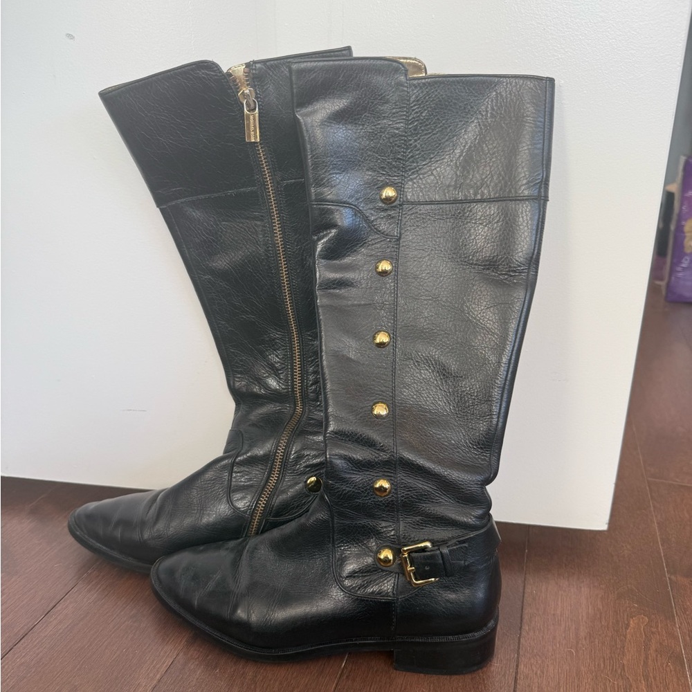 Tory Burch Black Leather Heeled Boots with Gold Accents